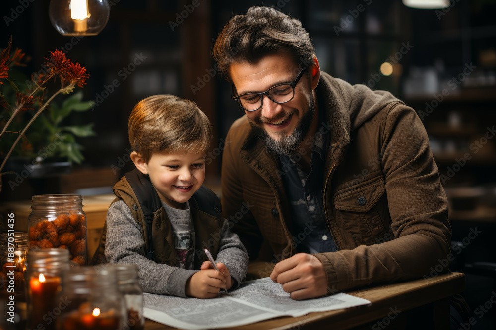 Poster a dad patiently helping his child with homework, guiding them through difficult problems with encour