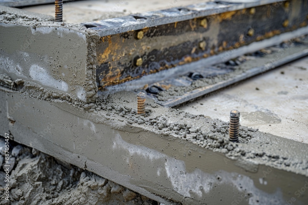Poster A close-up shot of a concrete slab with multiple screws, perfect for use in construction or DIY projects