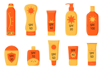 Set of sunscreen bottles with various SPF levels. Oil, balm, spray, lotion, cream in various tubes. Protection from the sun. Cute simple modern elements. Ideal  for skincare product advertising.