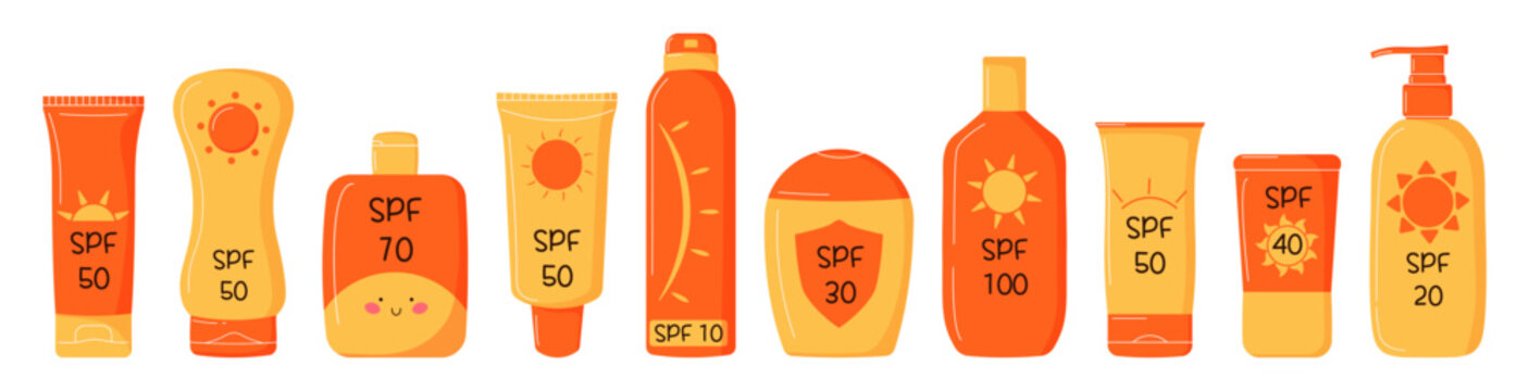 Set of sunscreen bottles with various SPF levels. Oil, balm, spray, lotion, cream in various tubes. Protection from the sun. Cute simple modern elements. Ideal  for skincare product advertising.
