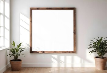A wooden photo frame on the wall in a minimalist design with space for text, frame mockup	

