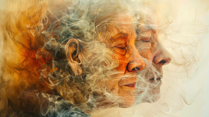 abstract portrait that become less defined and blur toward the edges, depicting the gradual loss of personal history and identity in dementia, evoking a sense of fading existence