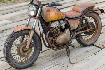 A weathered motorcycle, its metal body showing the patina of age, rests on wooden planks
