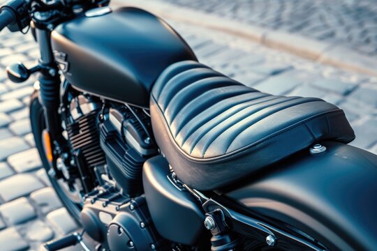 A close-up shot of a black motorcycle seat, showcasing intricate stitching and a textured leather finish. The seat sits atop a powerful engine, ready for an open road adventure