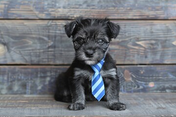 A small, black and grey puppy sits on a wooden surface, wearing a blue and white striped tie