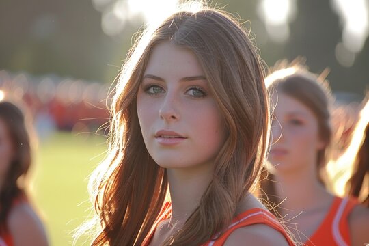 A young woman with long, flowing brown hair stares intensely at the camera in a bright orange uniform. She appears to be a cheerleader with other girls in the background