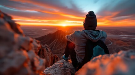 Fototapeta premium Solo traveler taking in the breathtaking view from a mountain peak, a moment of solitude and adventure