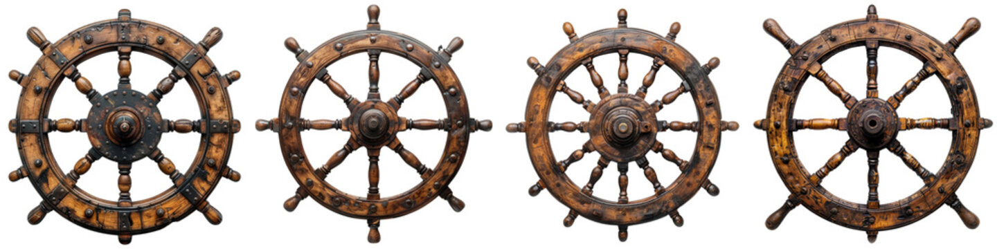 Set of A old pirate ship steering wheel on a transparent background