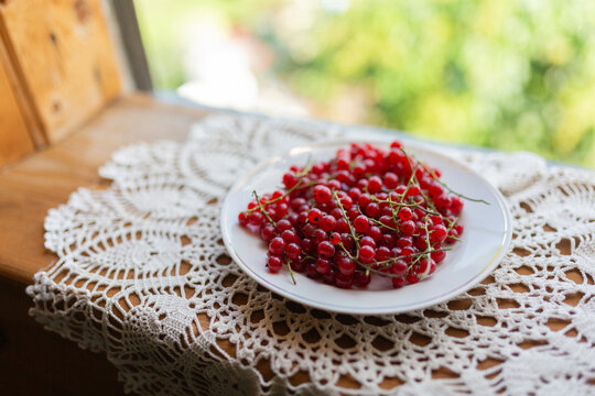 Fresh redcurrant berries on a lace tablecloth in natural light
