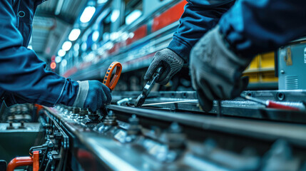 Technicians Working on Train Tracks in a Modern Railway Maintenance Facility