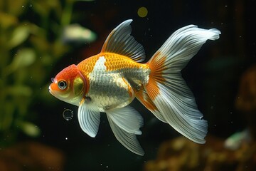 A goldfish with orange, white, and red scales swims through a dark, mysterious aquarium, its fins flowing gently