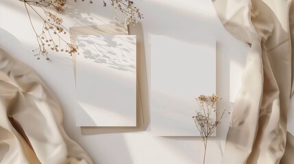 Mockup of two wedding invitation cards featuring front and back sides with stylish decor elements