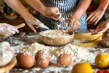 Fototapeta premium Flour flies through the air as a group of people enthusiastically prepare a meal together, surrounded by the ingredients of a delicious home-cooked meal
