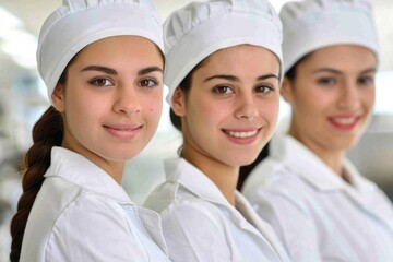Three young women in white chef hats and coats stand in a line, smiling confidently