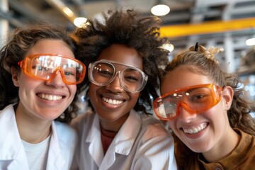 Three young women, wearing safety glasses and lab coats, smile for a selfie inside a science laboratory