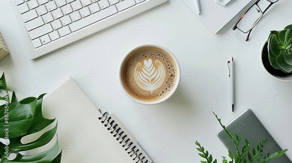 Wall mural office desk with a white table featuring a blank notebook computer supplies and a coffee cup top vie
