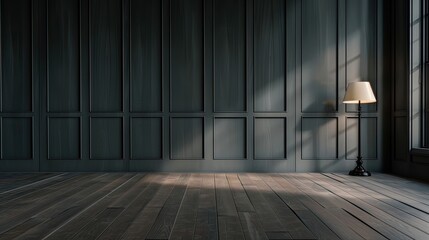 A single floor lamp stands on the right side of the room. The room has black panelled walls and a wooden floor