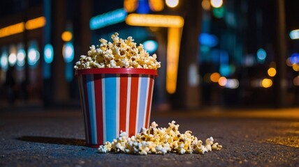Striped popcorn bucket full of popcorn on the street floor, cinema facade in the background, leisure, movie and cinema concept.