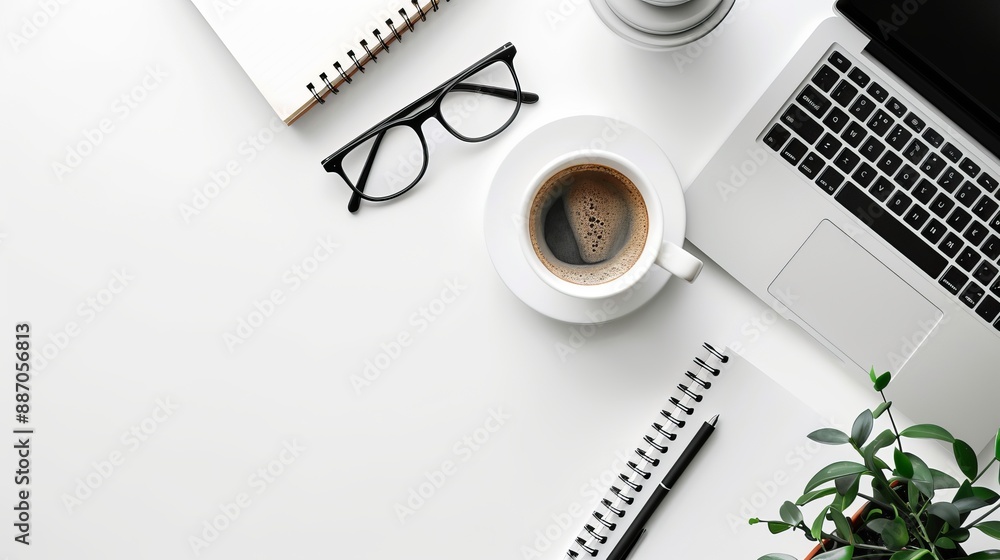 Wall mural office desk with a white table featuring a blank notebook computer supplies and a coffee cup top vie