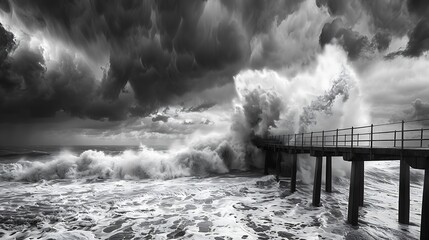 Storm clouds gathering dramatically over turbulent waves crashing against a monochrome pier at high tide.