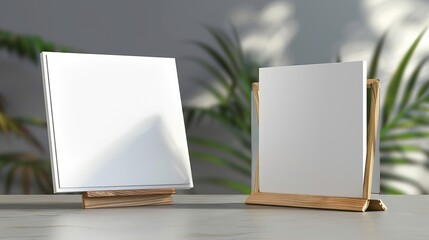 Realistic 3D vector illustration of a white empty blank paper sheet or card on a wooden holder Closeup view isolated suitable for mockups menu frames and booklets