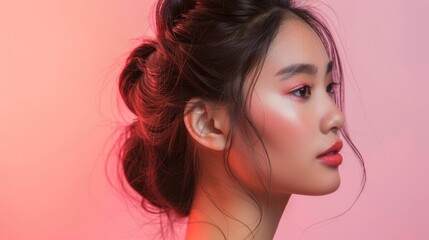 Fototapeta premium Woman With Black Hair and Pink Makeup Posing Against a Pink Background