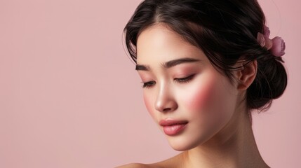 Fototapeta premium Portrait of a Young Woman With Pink Blush and Flowers in Her Hair