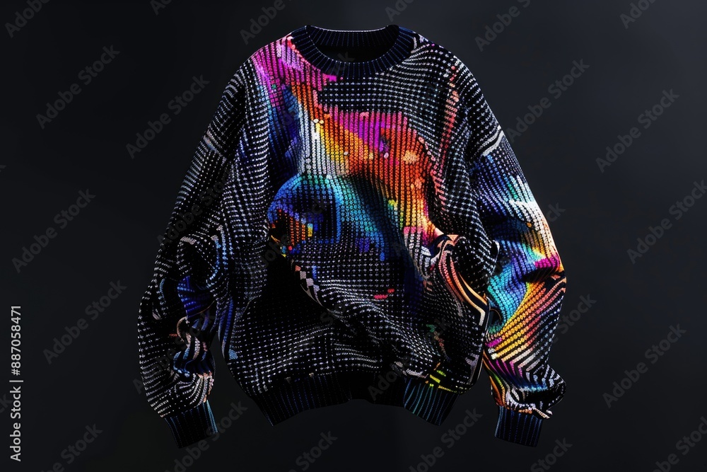 Poster A colorful sweater hung on a hanger with various colors and textures