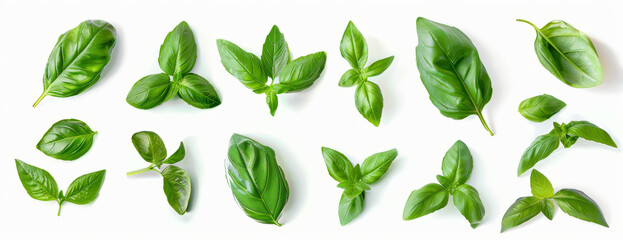 several basil leaves float in various poses, with realistic details and shadows