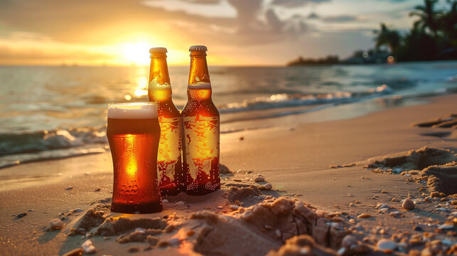 Beers on the beach with sunset, real photo style. A beautiful summer evening scene in the style of seaside, with sand and waves in background