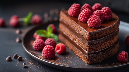 Decadent Chocolate Cake with Fresh Raspberries, Ideal for Dessert and Celebration Themes, Rich Chocolate and Red Color Palette