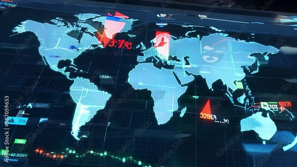 Poster a stylized world map with glowing blue outlines and data points displayed in red and white.