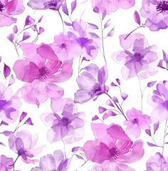seamless pattern, soft watercolor flowers in the style of pink and purple colors