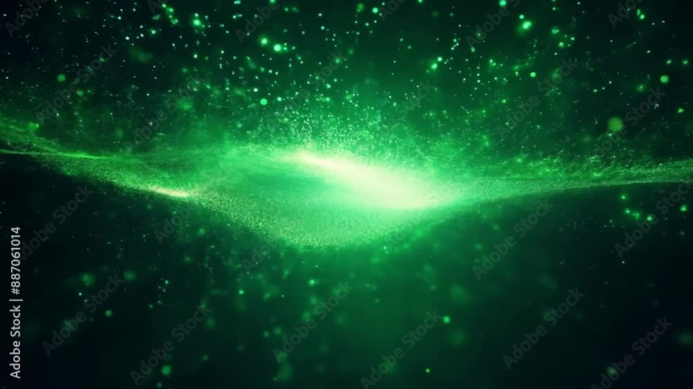 Poster a dark background with a glowing green light in the center, surrounded by floating particles.