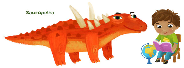 cartoon happy and funny colorful prehistoric dinosaur dino sauropelta isolated illustrationwith child pointing on animal and reading learing school book of natural history © honeyflavour