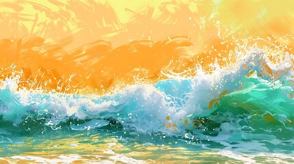 Sun-kissed waves on cyan ocean, minimal and vibrant digital painting