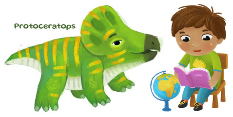 cartoon happy and funny colorful prehistoric dinosaur dino protoceratops isolated illustration with child pointing on animal and reading learing school book of natural history © honeyflavour