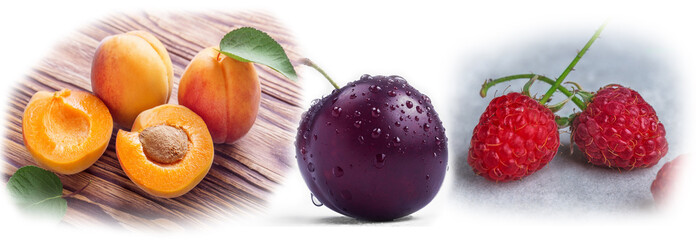 Large red raspberries, plums and peaches are healthy and tasty.