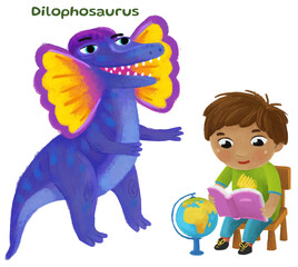 cartoon happy and funny colorful prehistoric dinosaur dino dilophosaurus isolated illustration with child pointing on animal and reading learing school book of natural history
