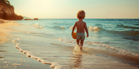 Little boy holding beach ball walks along serene shore during sunset, enjoying summer vacation, childhood memories concept