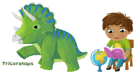 cartoon happy and funny colorful prehistoric dinosaur dino triceratops isolated illustration with child pointing on animal and reading learing school book of natural history © honeyflavour