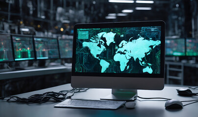 Naklejka premium computer in the room against a background of a lot of computing equipment