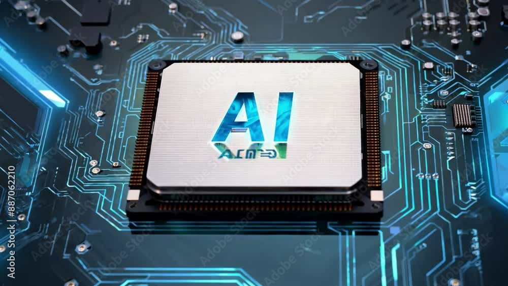 Poster a computer motherboard with a large processor chip featuring the letters ai in a blue, glowing font.