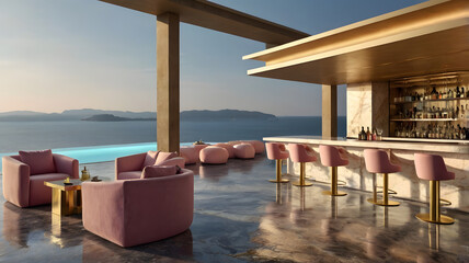Fototapeta premium Bar Lounge einer Luxuriöse rosa Stein villa an der Küste. Die Bar Lounge hat weis rosa Marmor Elemente und goldene Elemente und ist luxuriös eingerichtet. Ein Beer Pong Tisch aus rosa Marmor steht 