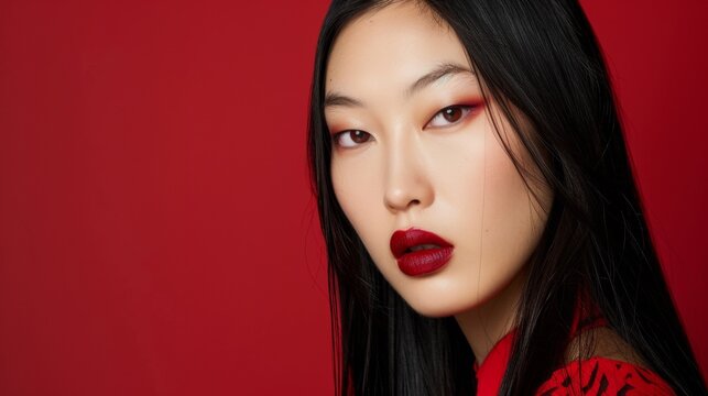 Woman With Red Lipstick and Eyeliner Posing Against Red Background