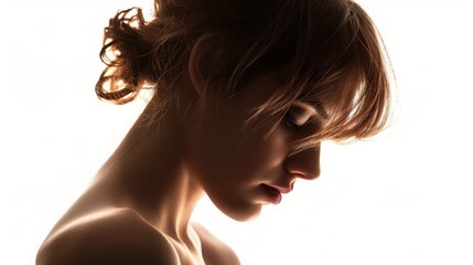 Obraz premium Pensive Girl Silhouette: Sad Woman Profile on White Background - Generative AI Visual