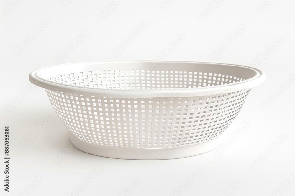 Poster a simple white plastic basket with evenly spaced holes, suitable for various uses such as storing sm
