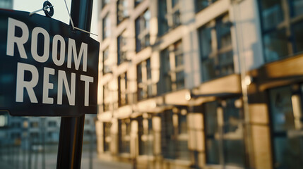 ROOM FOR RENT Sign in Front of a Modern Apartment with Blurred City Background