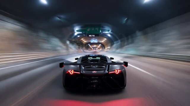 A black sports car drives through a tunnel, with its taillights glowing brightly. The car is speeding towards the exit of the tunnel, which is visible in the distance.