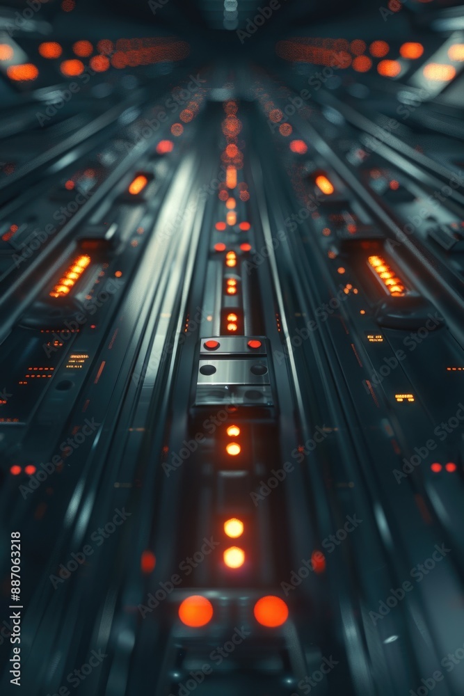 Poster train moving along railway line under stars and darkness, potential use in transportation or nightti